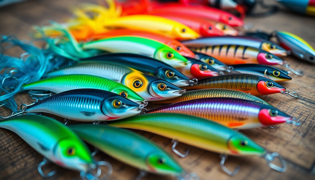 Colorful fishing lures displayed on a wooden table